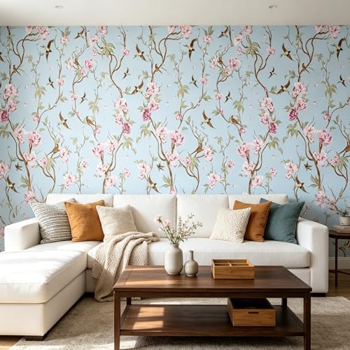Peel and Stick Wallpaper Light Blue Vintage Floral & Birds Self Adhesive - Image 6