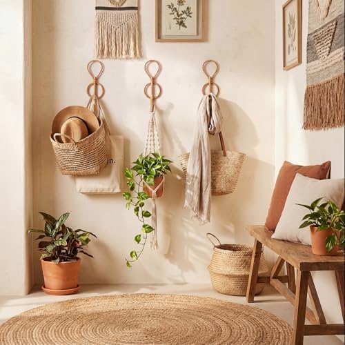 Novabright 3 Pcs Boho Wall Hooks Vintage, Woven Rattan Metal Gold Hanging - Image 3