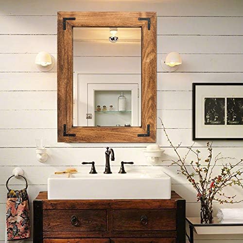 YOSHOOT Rustic Wooden Framed Wall Mirror, Natural Wood Bathroom Vanity Mirror by YOSHOOT