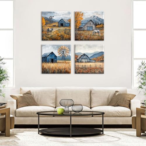Farmhouse Kitchen Decor Mountain Wall Art Rustic Barn Windmill Pictures Autumn - Image 5
