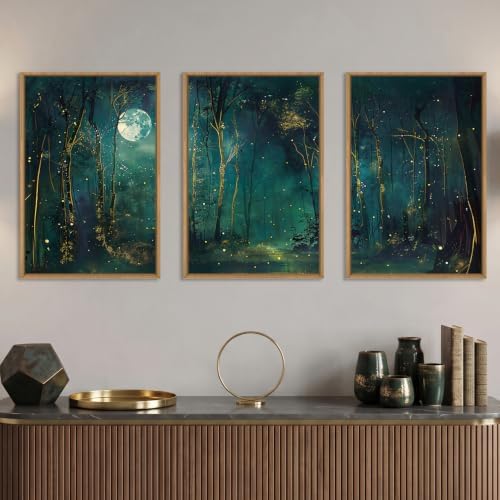 Mystical Dark Green Night Sky Framed Canvas Wall Art Set, Moody Magical - Image 3