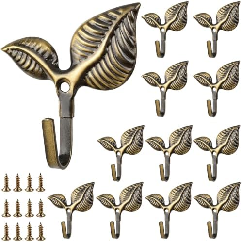 Set of 12 Vintage Leaf Wall Hooks, Rustic Bronze Iron Heavy Duty Coat Hangers by Unknown
