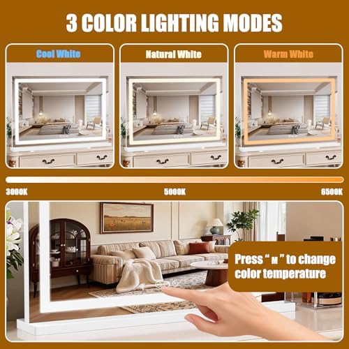 Vanity Mirror with Lights 32"x22", LED Makeup Mirror, 3 Color Lighting Modes - Image 3
