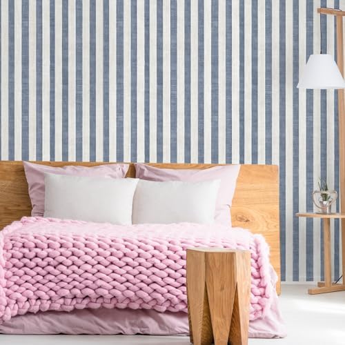 Navy Blue and Cream White Textured Striped Peel and Stick Wallpaper, Self - Image 6