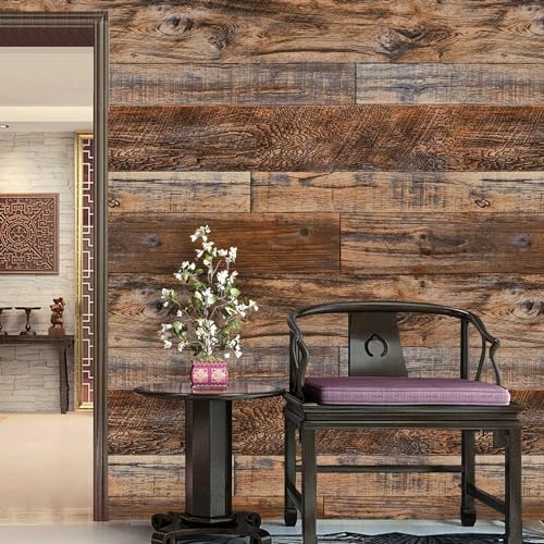 WENMER 23.6" x 590" Brown Wood Wallpaper Peel and Stick Shiplap Self Adhesive - Image 2