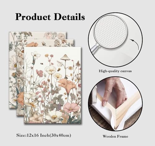 CHTEXA Boho Wildflower Canvas Wall Art, 3 Piece Gallery Wrapped Set - Image 4