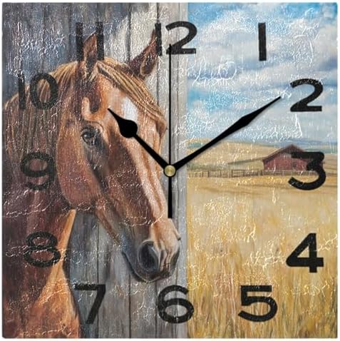 Moderate 8 Inch Square Wall Clock, Western Farm Horse Behind Door Non Ticking by Peystean