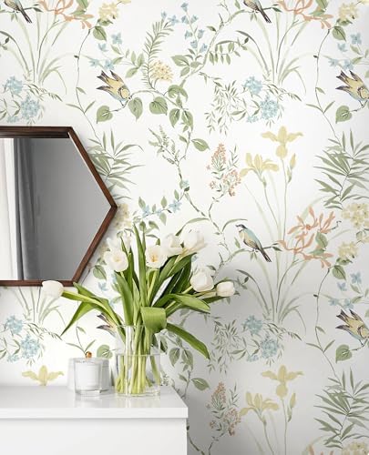 Erfoni Boho Floral Peel and Stick Wallpaper Green Floral Birds Wallpaper - Image 3