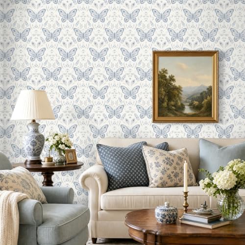 Laatse Symmetrical Butterfly Wallpaper Peel and Stick 17.5"x118", Cream Blue - Image 2