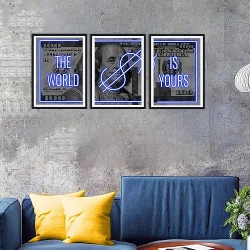 Black Framed Canvas Wall Art 100 Dollar Money The World is Yours Painting 3 - Image 2