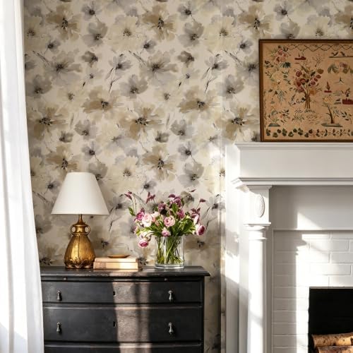 JiffDiff Beige Flower Watercolor Flower Peel and Stick Wallpaper, Honey Wheat - Image 3