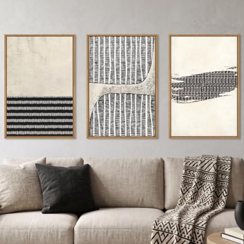 Aryroi Black Beige Abstract Minimalist Framed Canvas Wall Art Set-24"x36"x3 by Aryroi