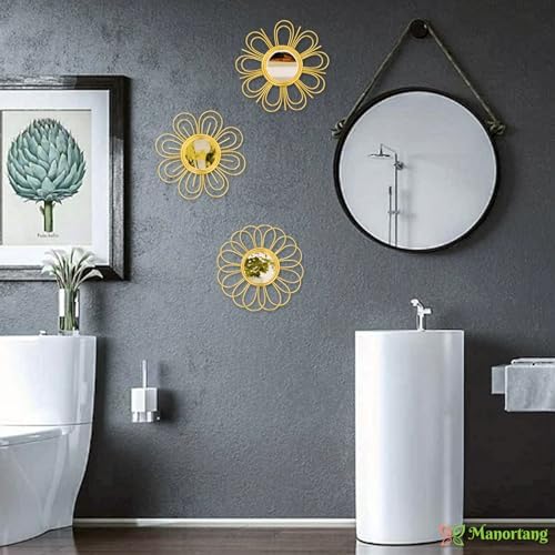 Gold Mirrors 3 Piece, 9 inch Flower-Indoor Shaped Mirror Hanging Wall Decor - Image 5
