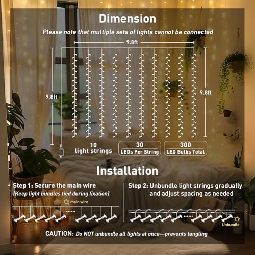JMEXSUSS 300 LED Remote Control Curtain Lights, Plug in Fairy Curtain Lights - Image 6