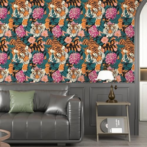 BOKEBEVE Tiger Floral Wallpaper Peel and Stick Vintage Orange 17.5 x 78.5In - Image 4