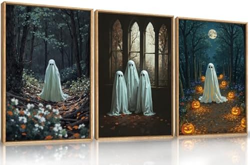 Ausril Vintage Halloween Cute Ghost Framed Wall Art Set, Scary Forest Pumpkin - Image 5