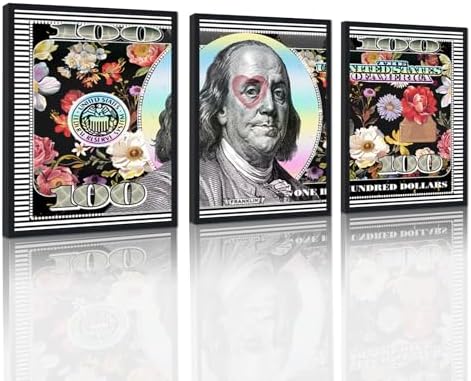 Black Framed Wall Art Canvas Money 100 Dollar Flowers Painting 3 Panels by YatsenBridge