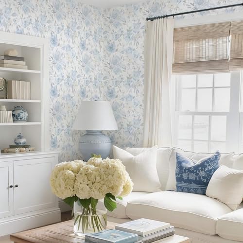 Ismoon Blue Floral Peel Stick Wallpaper Boho Watercolor Stick on Wall Paper - Image 4