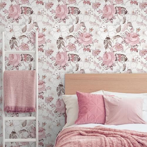 Hopepak 16.1''x394'' Floral Peel and Stick Wallpaper Modern Pink Contact Paper - Image 2