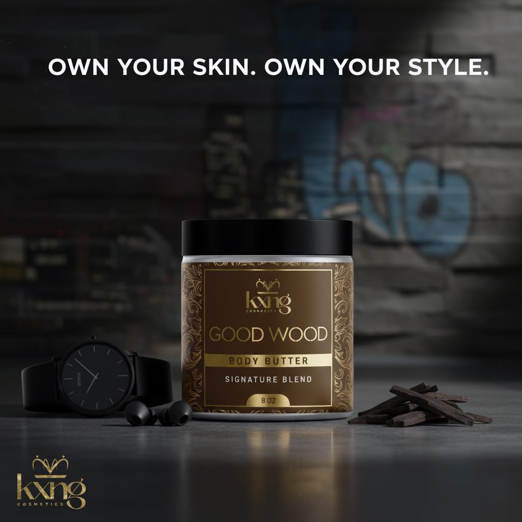 KXNG Cosmetics, Body Butter, Organic Skin Care for Men and Women, Body Moisturizer Lotions and Creams, Raw Shea Butter, Cocoa Butter, Mango, Coconut Oil, Hand, Foot, All Skin Types (Good Wood XL)