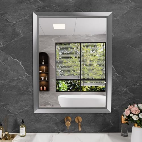 Amorho Bathroom Mirror for Wall 28x36 Inch, Brushed Silver Metal Framed by Amorho