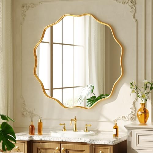 24" Decorative Scalloped Round Wall Mirror, Wavy Metal Deep Frame by Unknown
