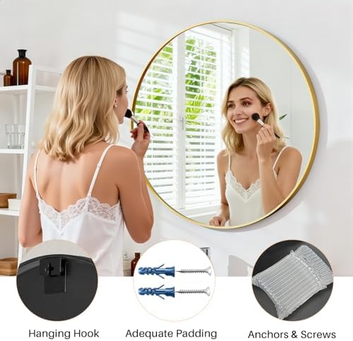 30 Inch Round Bathroom Mirror for Wall, Matte Gold Metal Framed - Image 6