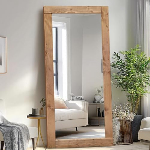 71x32in Full Length Mirror, Solid Wood Convex Frame, Light Brown - Image 7