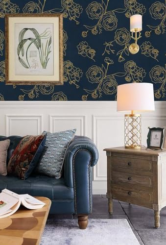 Safiyya 590"x17.3" Peel and Stick Wallpaper Gold and Blue Contact Paper Floral - Image 3