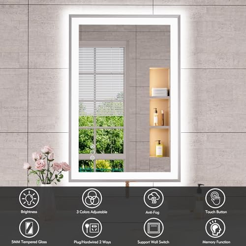24x36 Inch LED Mirror for Bathroom, Brushed Nickel Frame - Image 2
