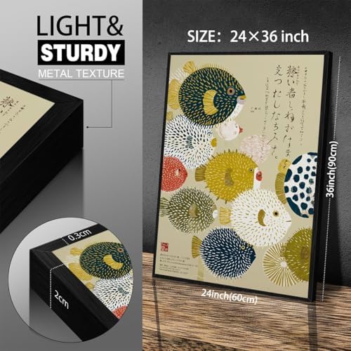 Black Framed Japanese Canvas Wall Art Vintage Puffer Fish Prints Posters - Image 2