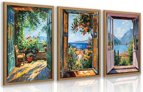 CAZLOUC Mediterranean Window View Wall Art Set of 3, Italian Coastal Balcony by Unknown