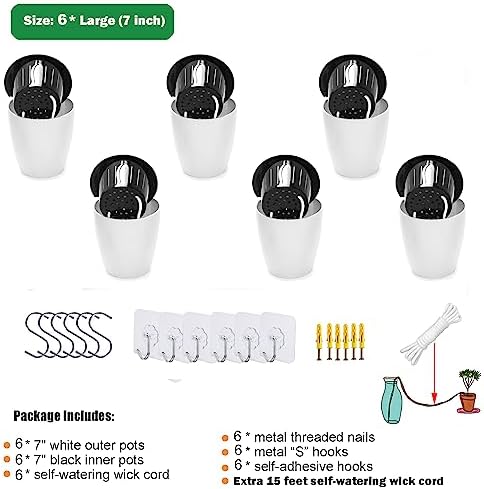 6 Pack White Hanging Planter Pots Self Watering Vertical Garden Wall Mount - Image 6