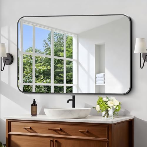 Black Bathroom Mirror, 28x42 inch Aluminum Metal Frame Rectangular Vanity Mirror - Image 2