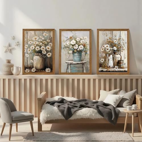 DUWQU Triptych Rustic Farmhouse Daisy Framed Canvas Wall Art 16x24 inch x3 - Image 4