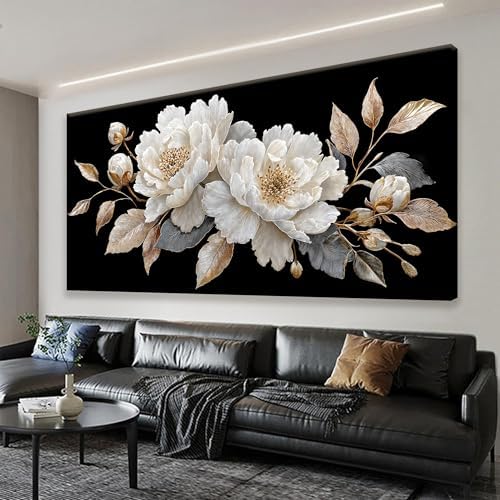 Large Wall Art Decor 29"x58" Black White Flower Wall Art by HXSRQFAART