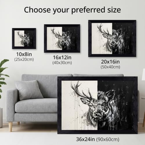 Framed Canvas Wall Art Modern Mixed Media Monochrome Stag and Boar Dualistic - Image 3