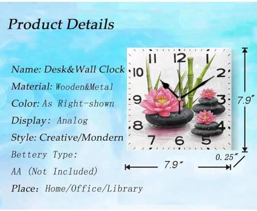 Moderate 8 Inch Square Wall Clock, Zen Bamboo Stones Pink Lotus Flower Non - Image 3