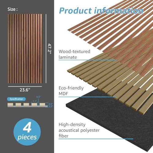 Art3d 4-Pack Fluted Acoustic Wood Slat Wall Panel, 47.2 x 23.6 Inch - Image 5