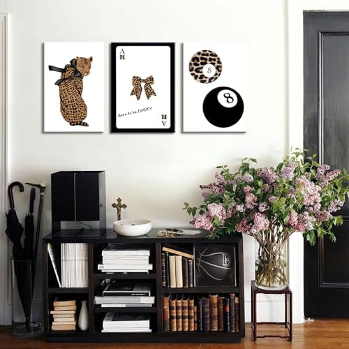 Set of 3 Trendy 8 Ball Leopard Canvas Wall Art Ace Card Bow Wall Decor Pictures - Image 2