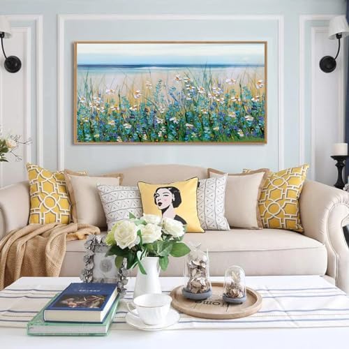 Large Blue Seaside Cyan Floral Wall Painting wildflower Blossom Art Framed - Image 6