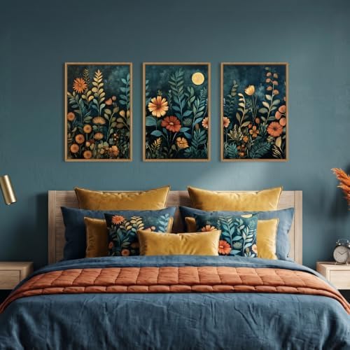 Moody Blue Floral Botanical Framed Canvas Wall Art Set-24"x36"x3 - Image 4