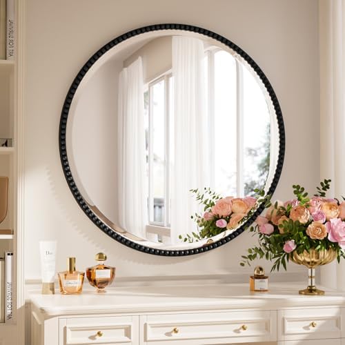 28'' Round Mirror, Beaded Circle Decorative Wall Mirror by Unknown