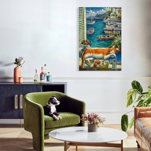 Coastal Cat Poster Mediterranean Seaside View Canvas Wall Art - Image 6