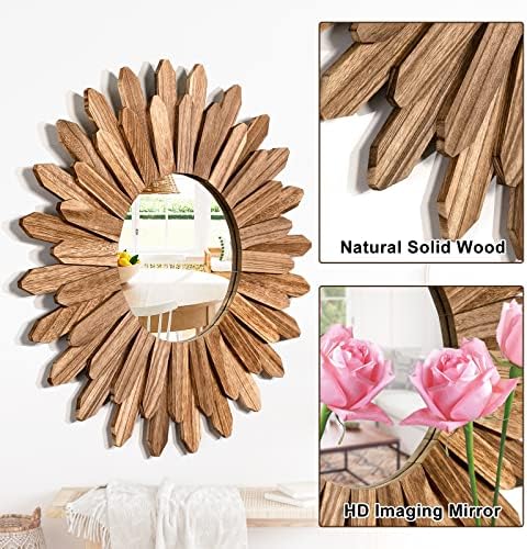 Emfogo Wall Mirror 21 inch Rustic Wood Sunburst Boho Mirror Wall Decor Home - Image 4