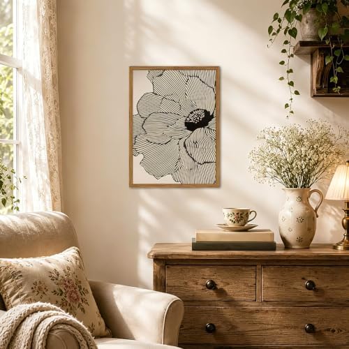Framed Boho Floral Canvas Wall Art, Neutral Black Flower Pictures Wall Decor - Image 3