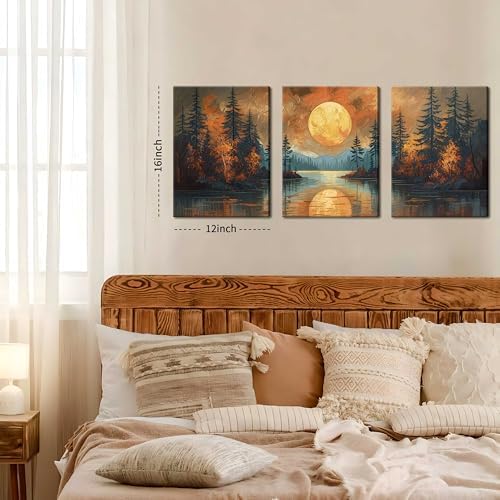 Framed Gold Mountain Forest Sunset Landscape Wall Art Set of 3, Abstract Boho - Image 5