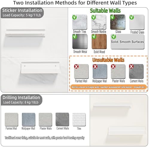 HNVNER Adhesive Floating Shelves 2 Pieces, Glossy White Shower Wall Shelf - Image 5