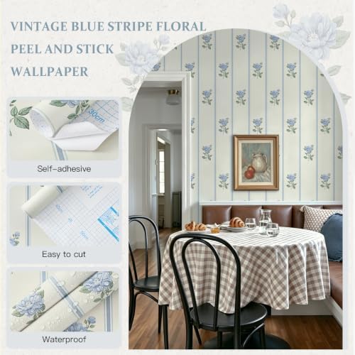 Guvana Peel and Stick Wallpaper Blue Stripe Wall Paper Floral Contact Paper - Image 5