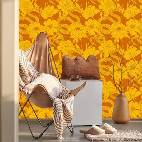 MuralPeel Vintage Brown Yellow Orange Floral Snake Peel and Stick Wallpaper - Image 2